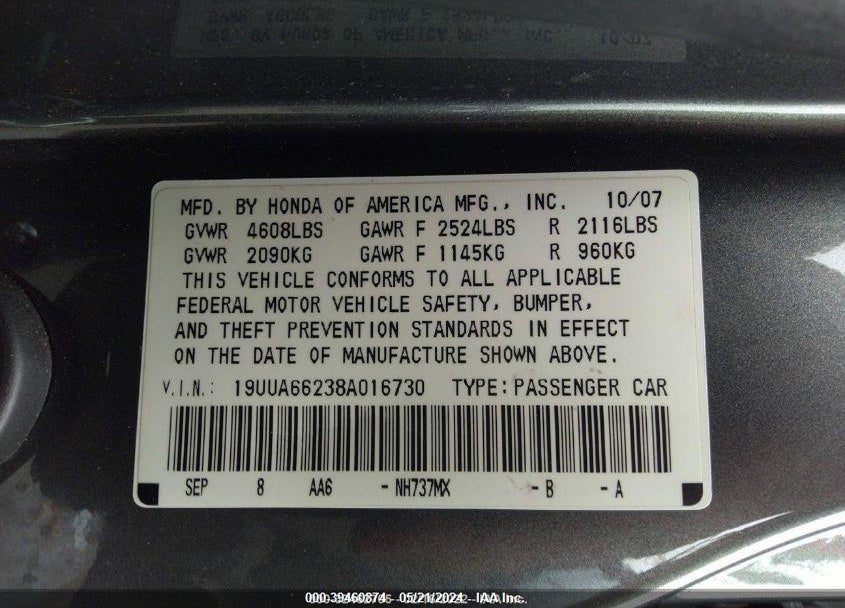 2008 ACURA TL 3.2 VIN: 19UUA66238A016730