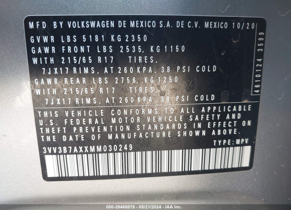 2021 VOLKSWAGEN TIGUAN 2.0T SE/2.0T SE R-LINE BLACK/2.0T SEL VIN: 3VV3B7AXXMM030249