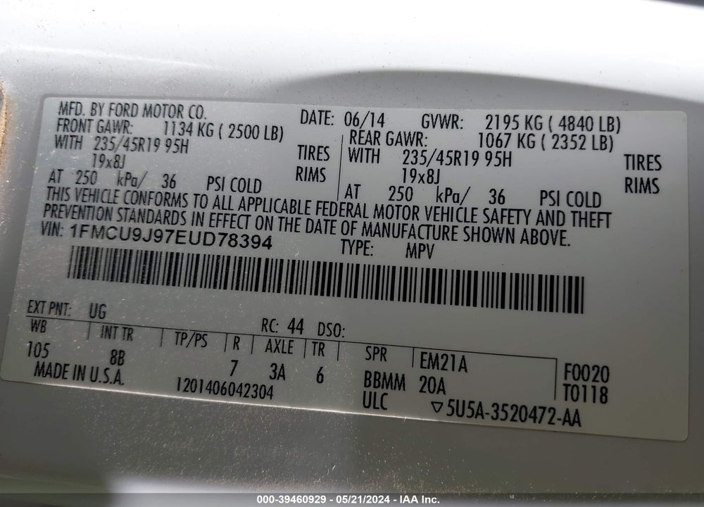 2014 FORD ESCAPE TITANIUM VIN: 1FMCU9J97EUD78394
