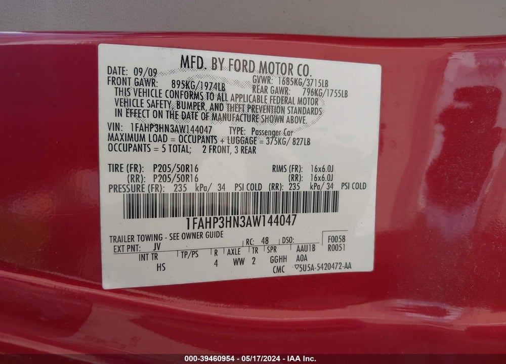 2010 FORD FOCUS SEL VIN: 1FAHP3HN3AW144047