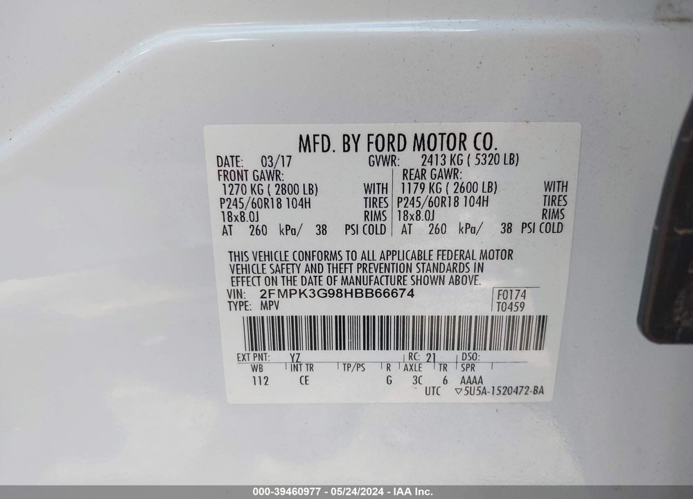 2017 FORD EDGE SE VIN: 2FMPK3G98HBB66674