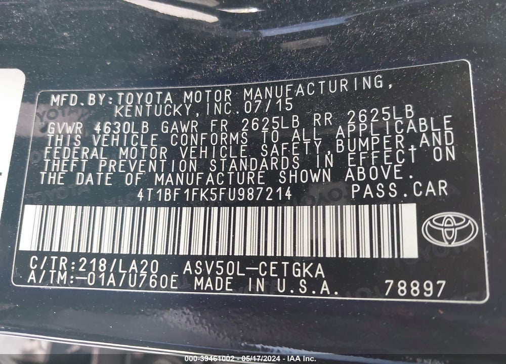 2015 TOYOTA CAMRY XLE VIN: 4T1BF1FK5FU987214