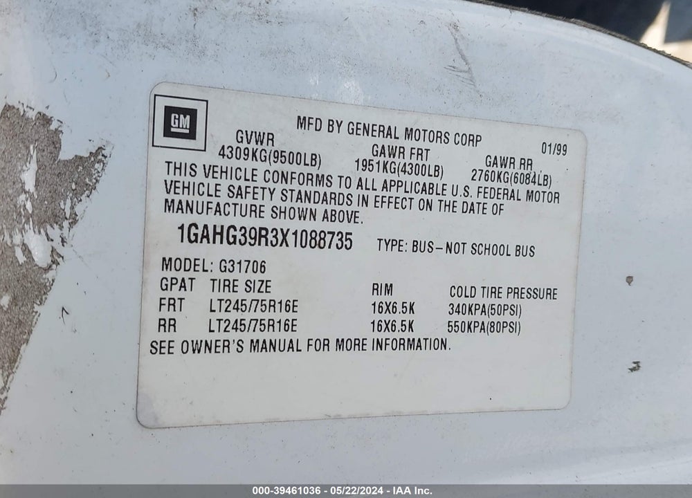 1999 CHEVROLET EXPRESS VIN: 1GAHG39R3X1088735