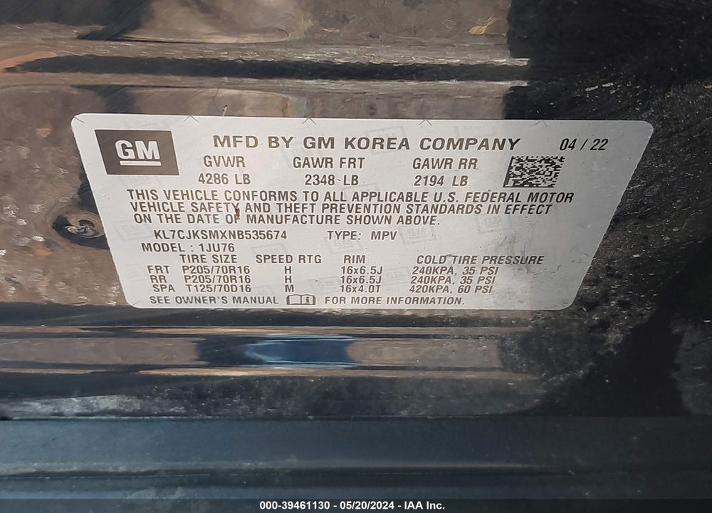 2022 CHEVROLET TRAX FWD LS VIN: KL7CJKSMXNB535674