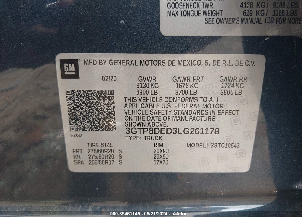 2020 GMC SIERRA 1500 VIN: 3GTP8DED3LG261178