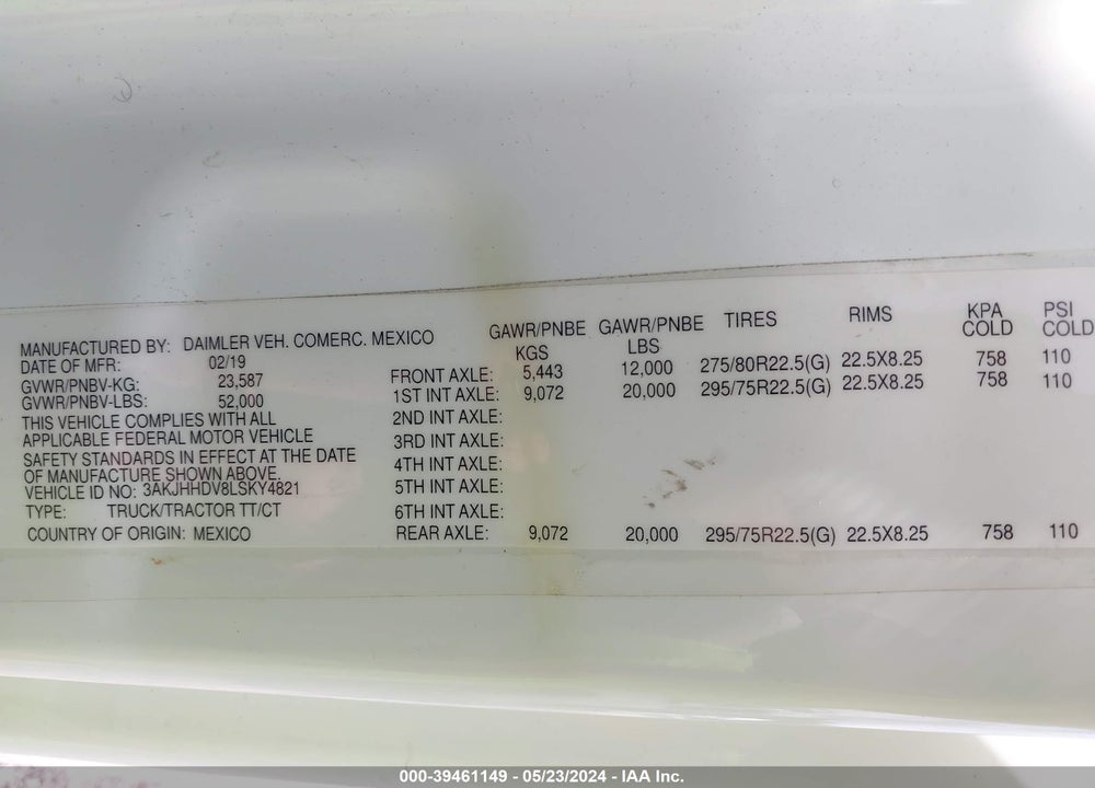 2020 FREIGHTLINER NEW CASCADIA 126 VIN: 3AKJHHDV8LSKY4821