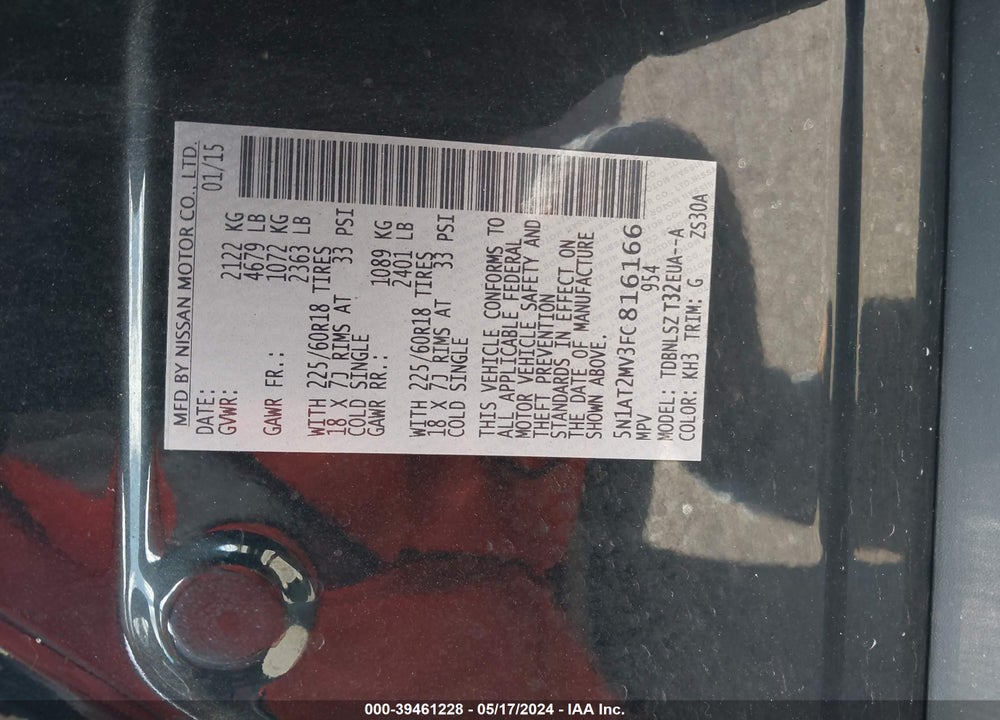 2015 NISSAN ROGUE SL VIN: 5N1AT2MV3FC816166