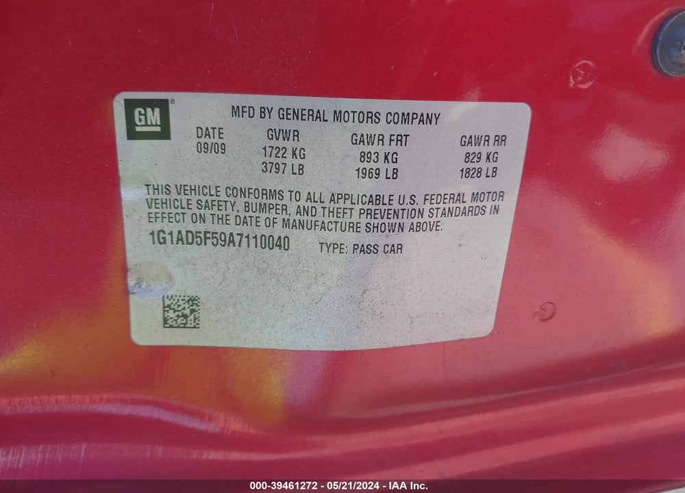 2010 CHEVROLET COBALT LT VIN: 1G1AD5F59A7110040