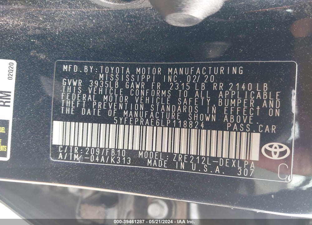 2020 TOYOTA COROLLA LE VIN: 5YFEPRAE6LP118824