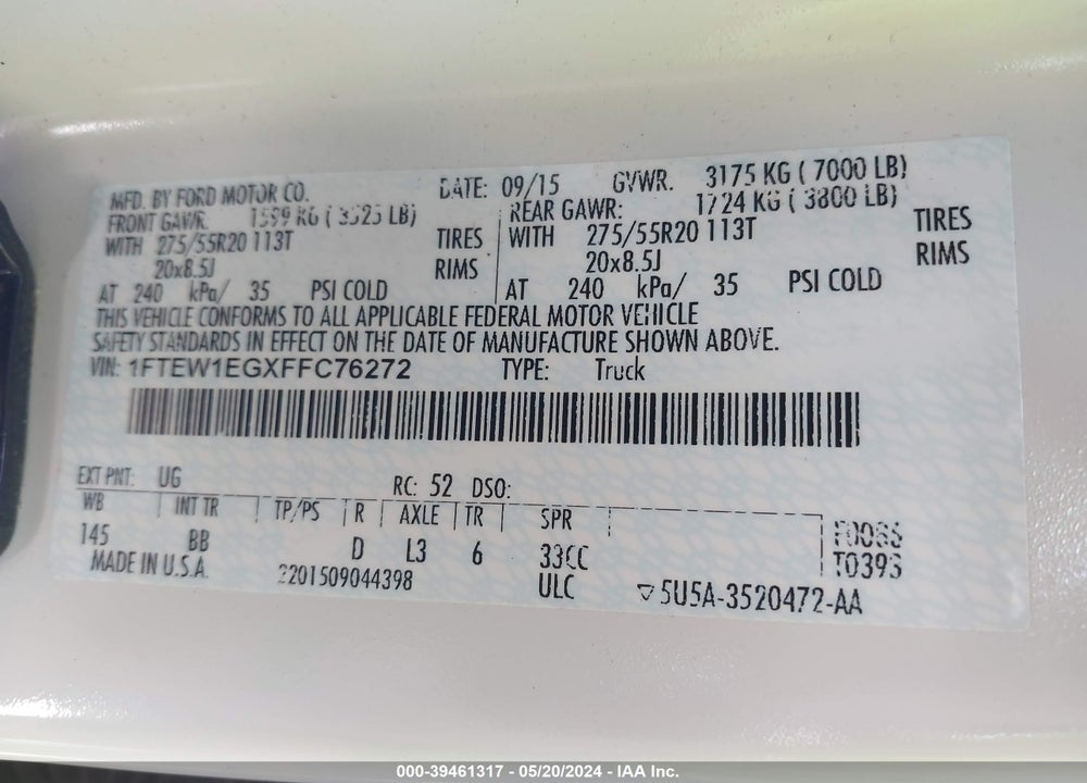 2015 FORD F-150 PLATINUM VIN: 1FTEW1EGXFFC76272