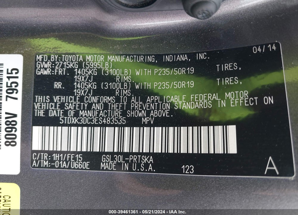2014 TOYOTA SIENNA SE 8 PASSENGER VIN: 5TDXK3DC3ES483535