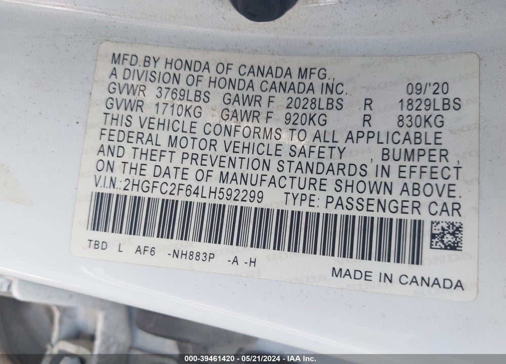 2020 HONDA CIVIC LX VIN: 2HGFC2F64LH592299