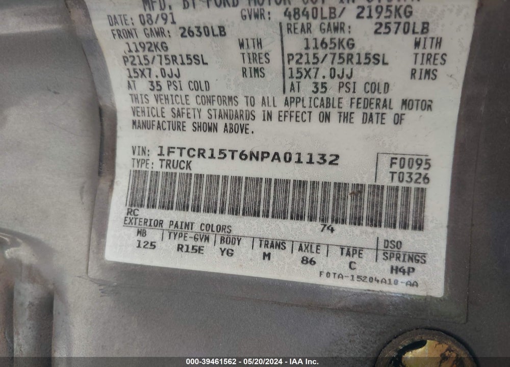 1992 FORD RANGER SUPER CAB VIN: 1FTCR15T6NPA01132