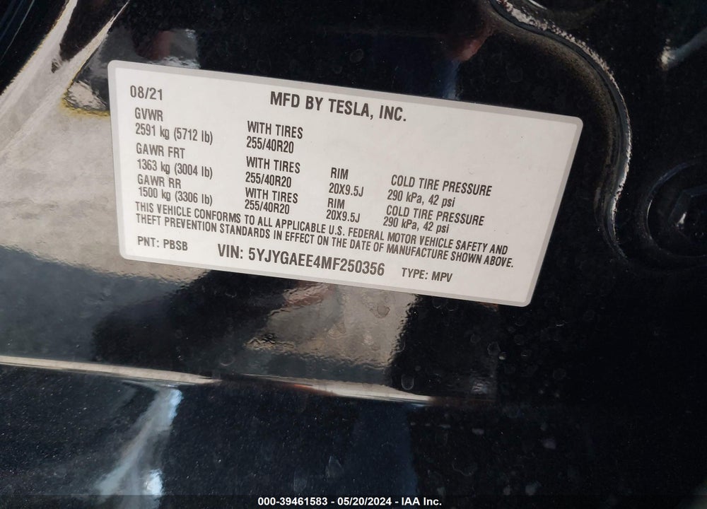 2021 TESLA MODEL Y LONG RANGE DUAL MOTOR ALL-WHEEL DRIVE VIN: 5YJYGAEE4MF250356