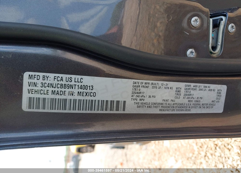 2022 JEEP COMPASS LATITUDE FWD VIN: 3C4NJCBB9NT140013