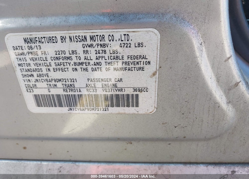 2013 INFINITI G37 JOURNEY VIN: JN1CV6AP9DM721321