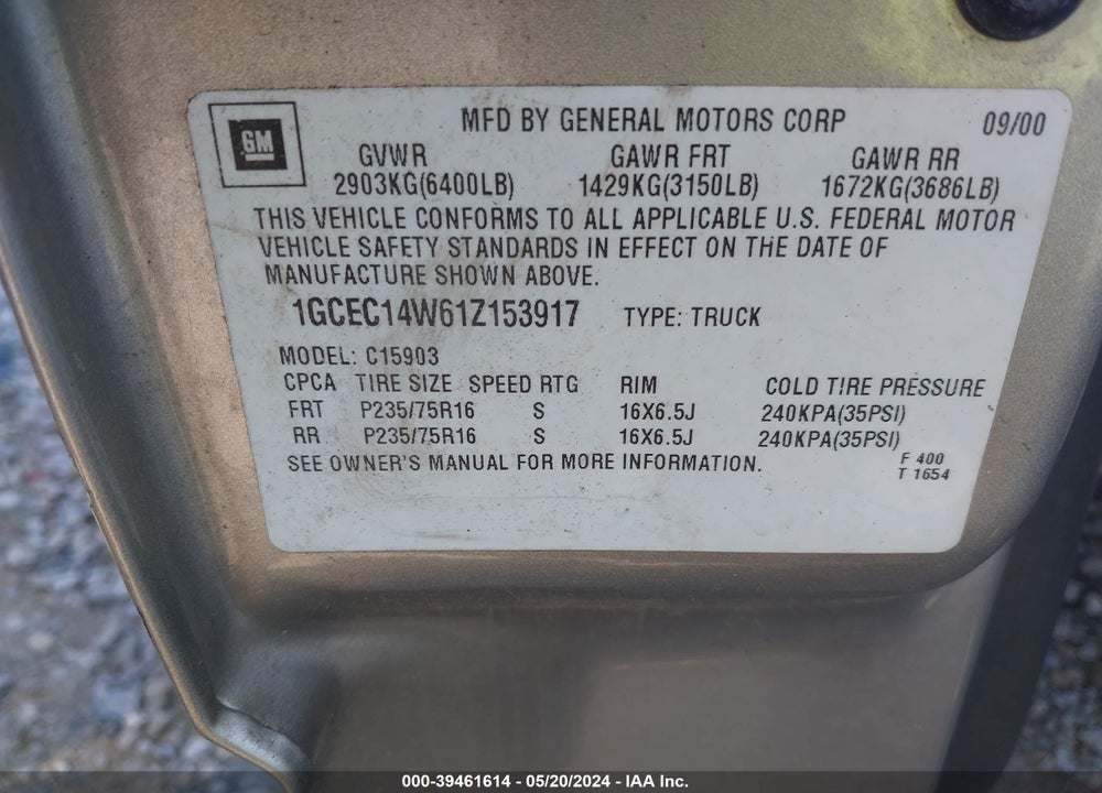 2001 CHEVROLET SILVERADO 1500 VIN: 1GCEC14W61Z153917