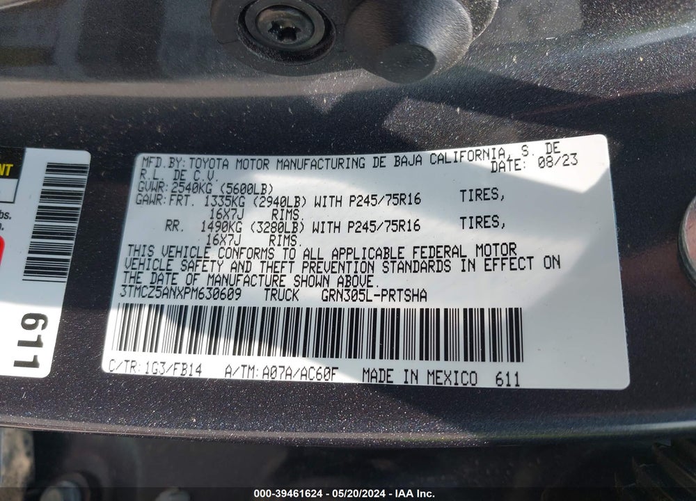 2023 TOYOTA TACOMA SR V6 VIN: 3TMCZ5ANXPM630609
