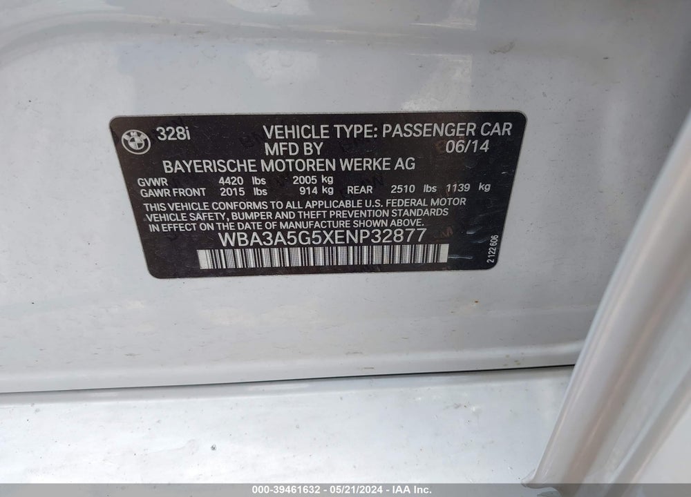 2014 BMW 328I VIN: WBA3A5G5XENP32877