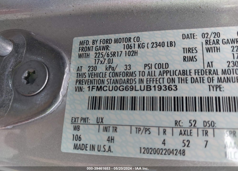 2020 FORD ESCAPE VIN: 1FMCU0G69LUB19363