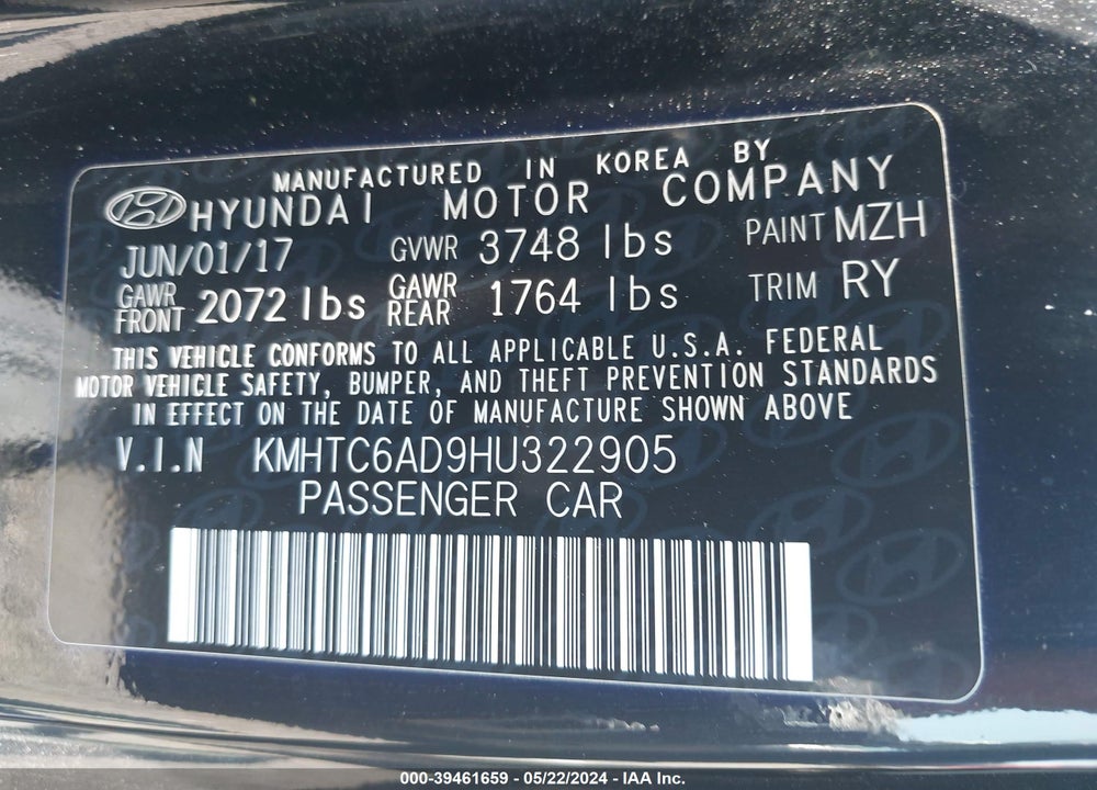 2017 HYUNDAI VELOSTER VALUE EDITION VIN: KMHTC6AD9HU322905