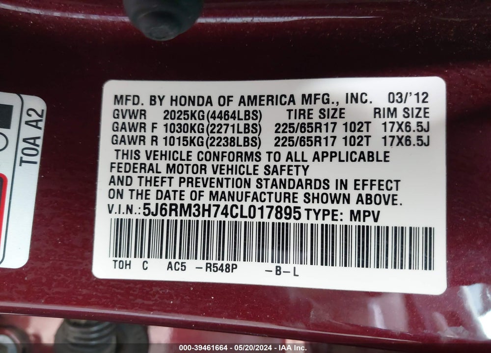 2012 HONDA CR-V EX-L VIN: 5J6RM3H74CL017895