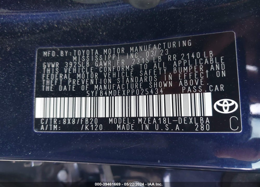 2023 TOYOTA COROLLA LE VIN: 5YFB4MDEXPP025434