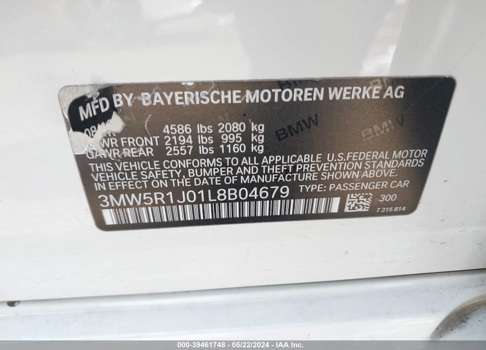 2020 BMW 330I VIN: 3MW5R1J01L8B04679
