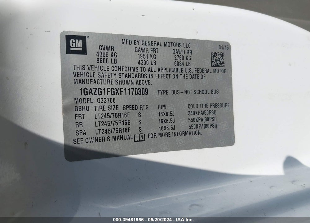 2015 CHEVROLET EXPRESS 3500 LT VIN: 1GAZG1FGXF1170309