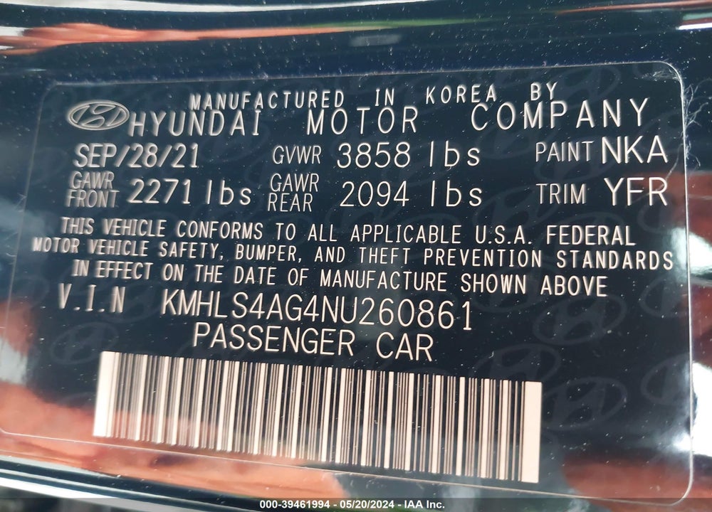 2022 HYUNDAI ELANTRA SEL VIN: KMHLS4AG4NU260861