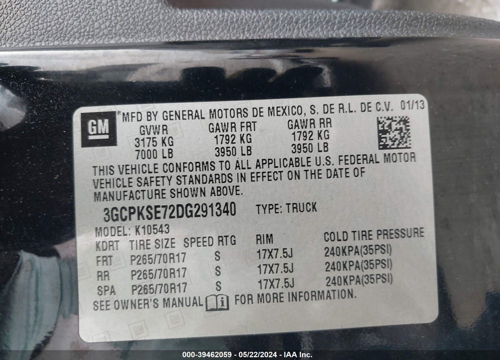 2013 CHEVROLET SILVERADO 1500 LT VIN: 3GCPKSE72DG291340