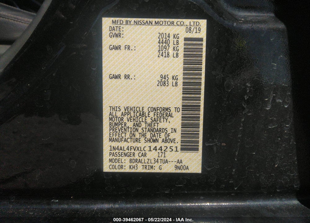 2020 NISSAN ALTIMA PLATINUM VC-TURBO FWD VIN: 1N4AL4FVXLC144251
