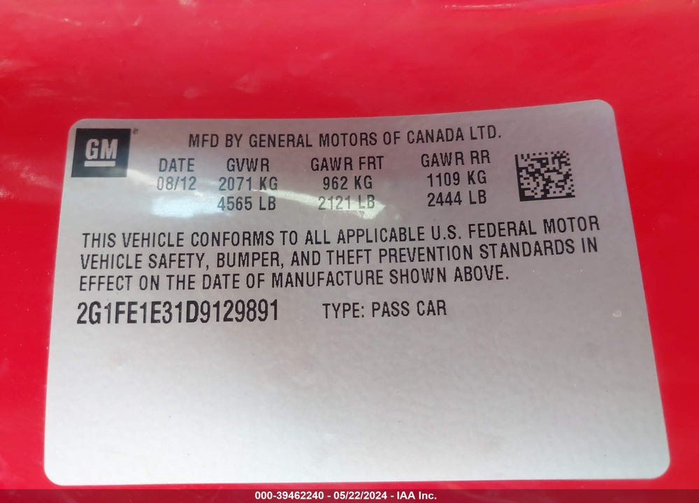2013 CHEVROLET CAMARO 1LS VIN: 2G1FE1E31D9129891
