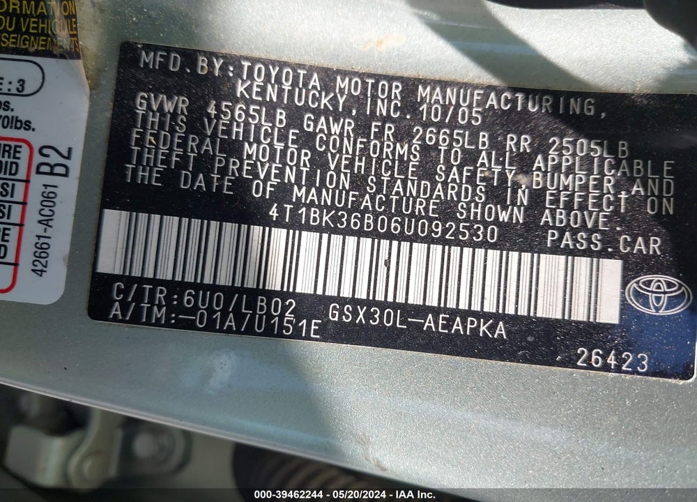 2006 TOYOTA AVALON LIMITED VIN: 4T1BK36B06U092530