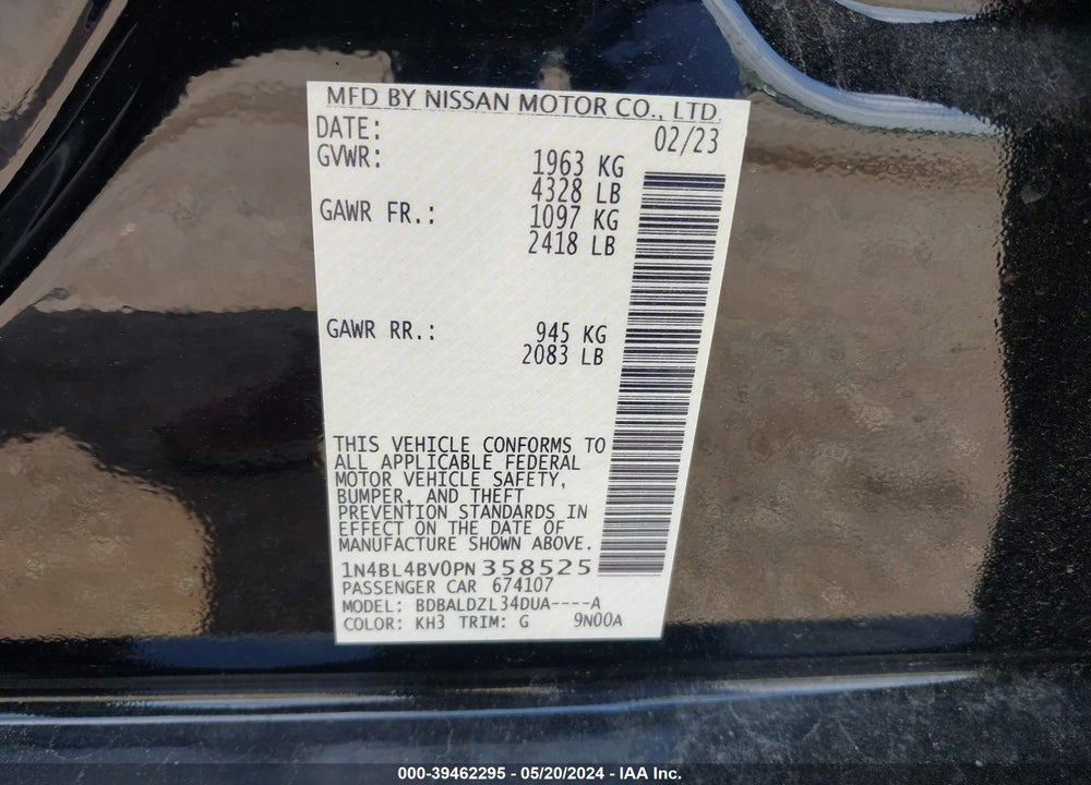 2023 NISSAN ALTIMA S FWD VIN: 1N4BL4BV0PN358525