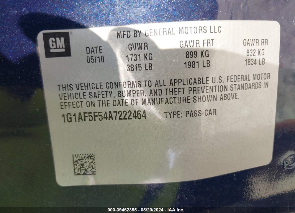 2010 CHEVROLET COBALT LT VIN: 1G1AF5F54A7222464