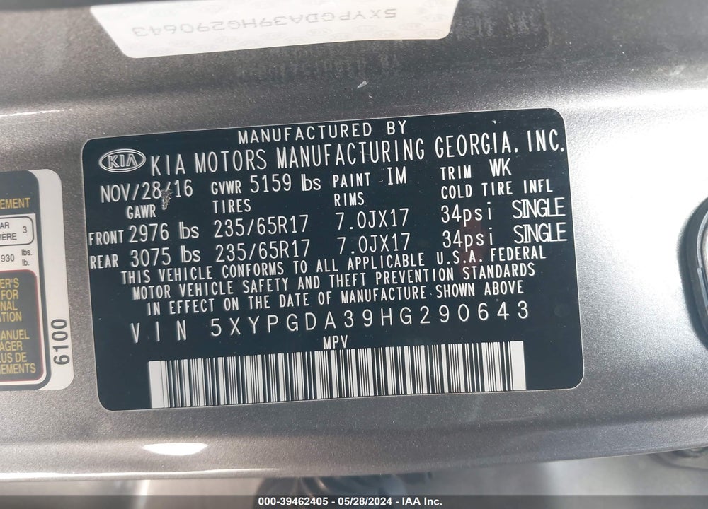 2017 KIA SORENTO 2.4L LX VIN: 5XYPGDA39HG290643
