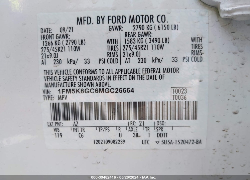 2021 FORD EXPLORER ST VIN: 1FM5K8GC6MGC26664