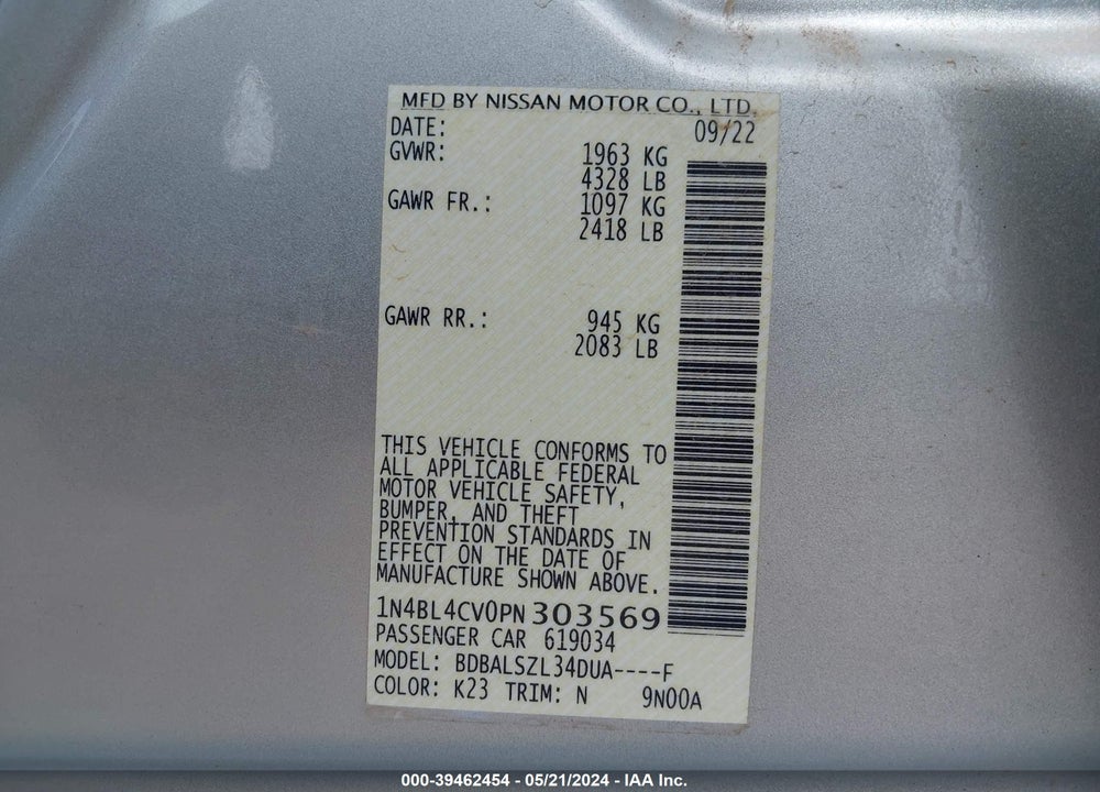 2023 NISSAN ALTIMA SR FWD VIN: 1N4BL4CV0PN303569