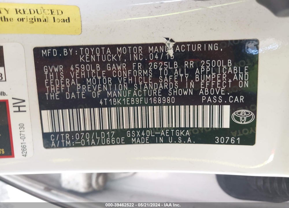 2015 TOYOTA AVALON XLE VIN: 4T1BK1EB9FU168980