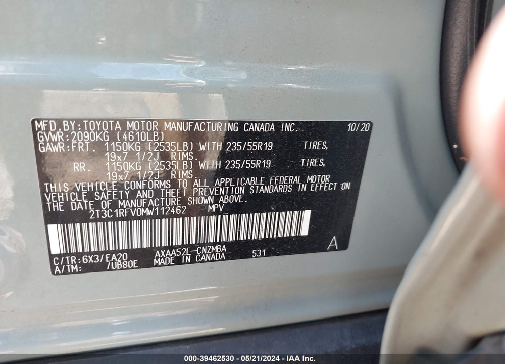 2021 TOYOTA RAV4 XLE PREMIUM VIN: 2T3C1RFV0MW112462