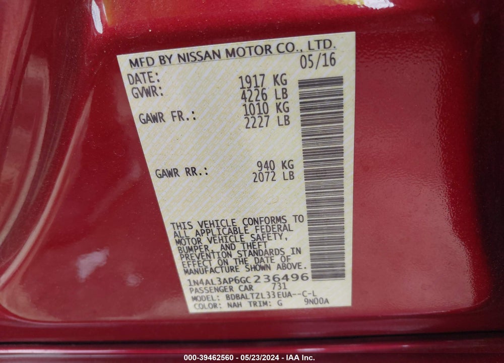 2016 NISSAN ALTIMA 2.5 SL VIN: 1N4AL3AP6GC236496