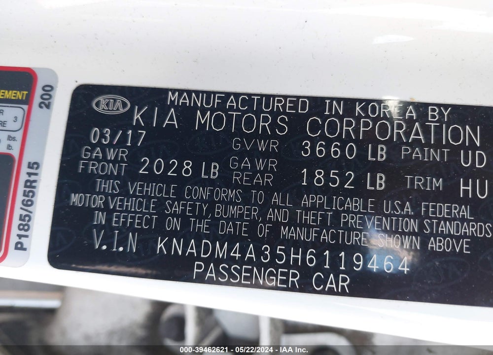 2017 KIA RIO LX VIN: KNADM4A35H6119464
