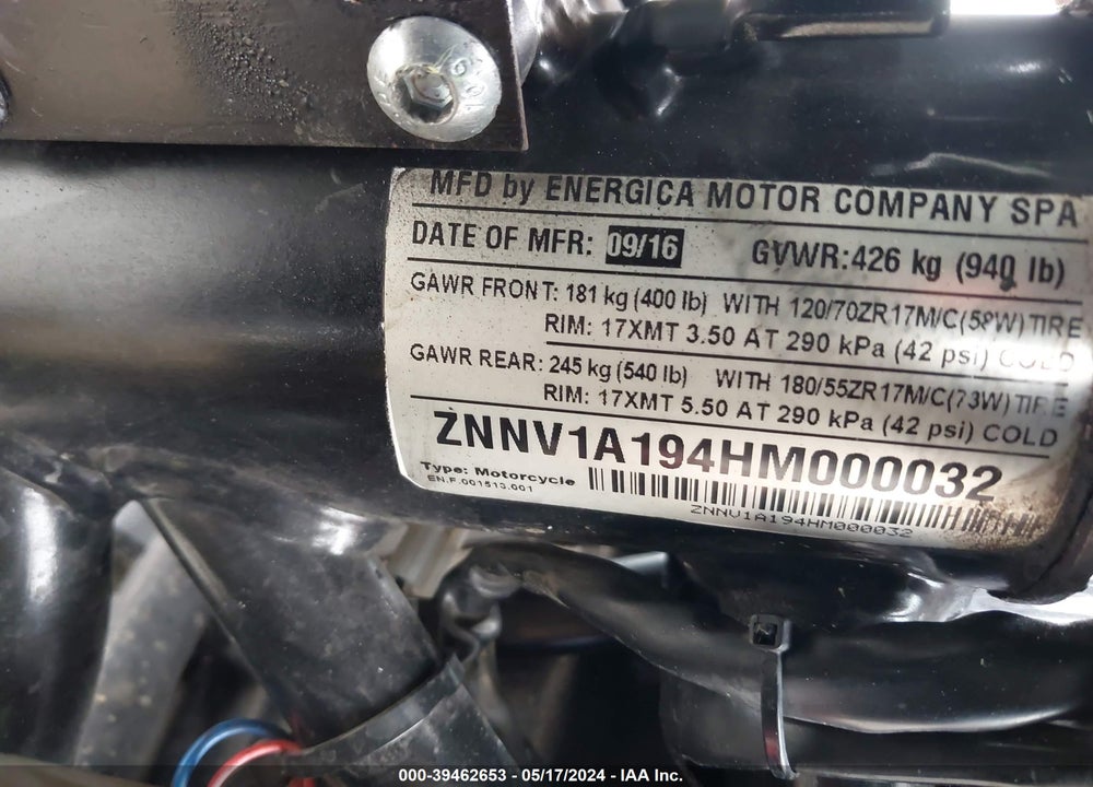 2017 ENERGICA EVA VIN: ZNNV1A194HM000032