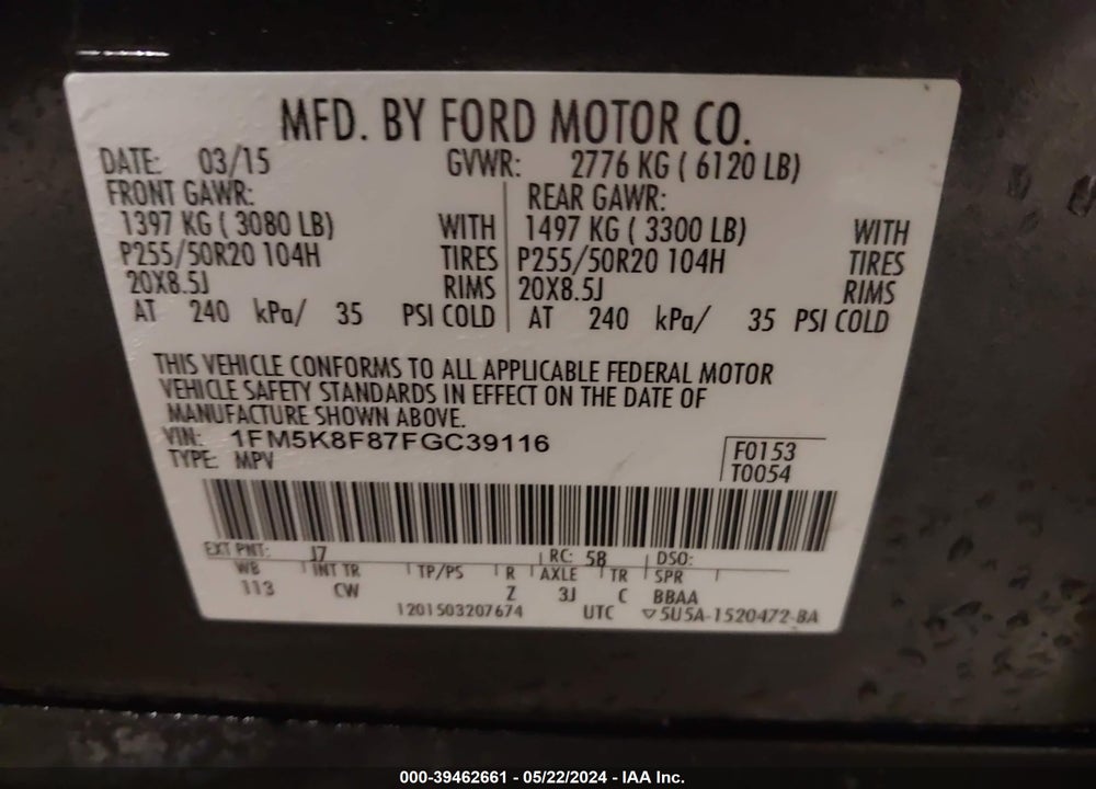 2015 FORD EXPLORER LIMITED VIN: 1FM5K8F87FGC39116