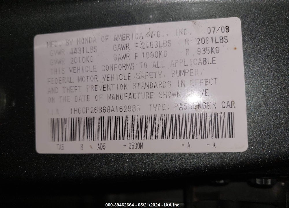 2008 HONDA ACCORD 2.4 EX-L VIN: 1HGCP26868A162983