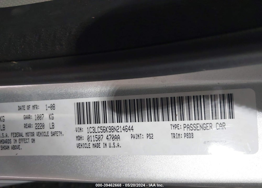 2008 CHRYSLER SEBRING TOURING VIN: 1C3LC56K98N214644