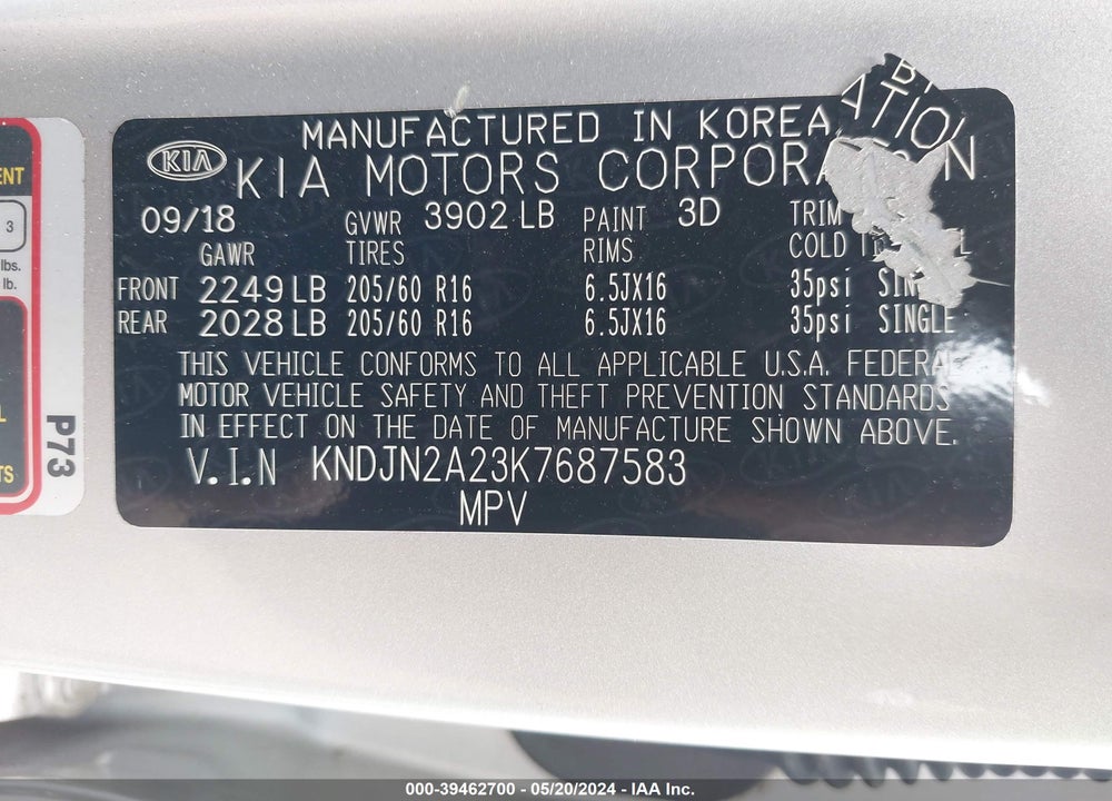 2019 KIA SOUL VIN: KNDJN2A23K7687583
