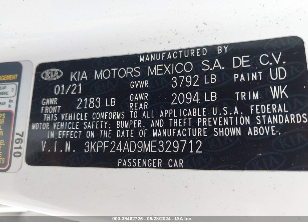 2021 KIA FORTE LXS VIN: 3KPF24AD9ME329712