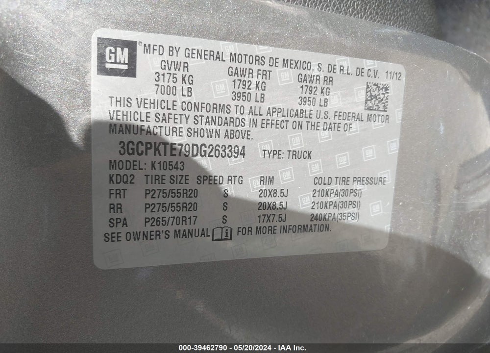 2013 CHEVROLET SILVERADO 1500 LTZ VIN: 3GCPKTE79DG263394